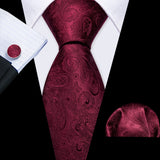 Barry.Wang Ensemble cravate et boutons de manchette en soie pour homme, motif jacquard, rouge, bordeaux, rose, pour mariage, affaires, fête