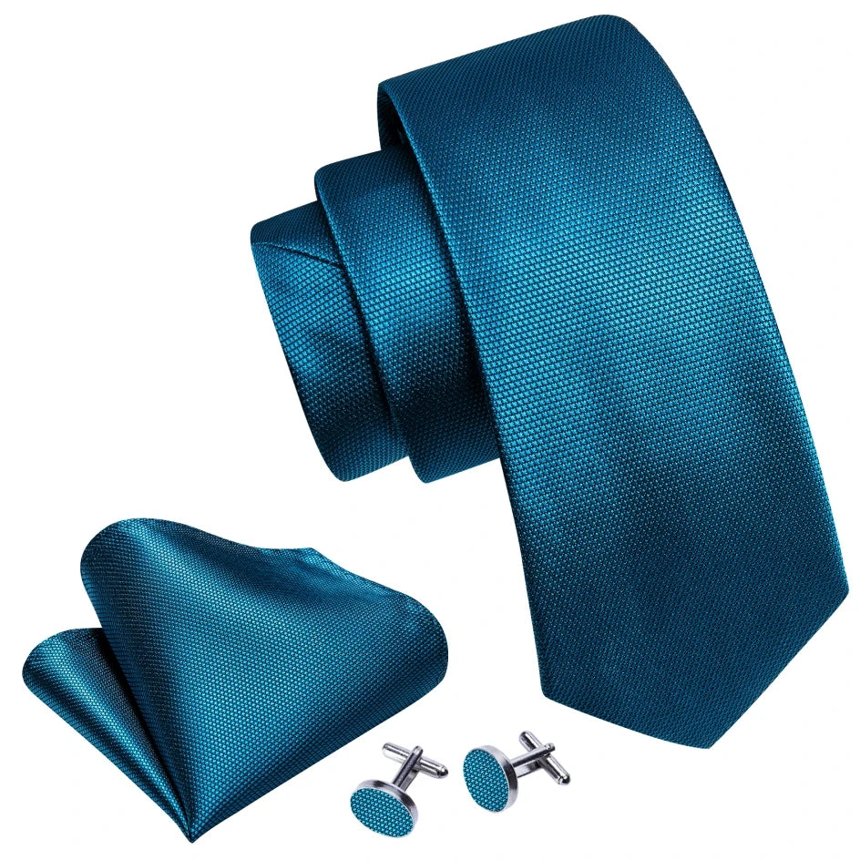 Cravate fantaisie en soie bleu sarcelle pour homme, marque de luxe solide, pochette, boutons de manchette, ensemble de cravates de haute qualité pour fête de mariage Barry.Wang