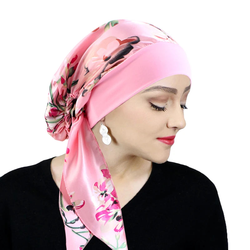 Chapeau turban en satin imprimé pour femme, extensible, à larges bords, tendance, pré-noué, enveloppant, décontracté, style pirate