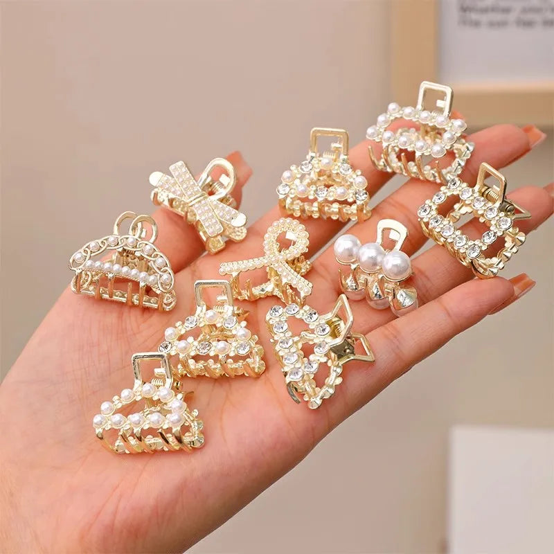 Lot de 6, 8 ou 10 petites pinces à cheveux géométriques en métal avec perles et strass pour femmes et filles