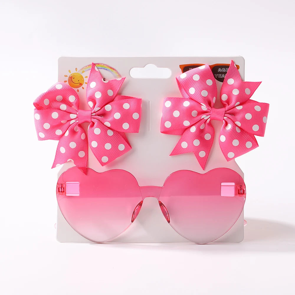 3Pcs/set Cute Solid Kids Dot Hairpin Colorful Heart Sun Glasses Set Girls Boutique Bowknot Hair Clips Children Hair Accessories