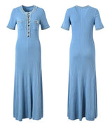 Elegant Contrasting Women Knit Maxi Dress Chic O-neck Short Sleeve Metal Buttons Bodycon Dresses Office Lady Commuting Robe