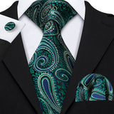 Cravate fantaisie en soie bleu sarcelle pour homme, marque de luxe solide, pochette, boutons de manchette, ensemble de cravates de haute qualité pour fête de mariage Barry.Wang