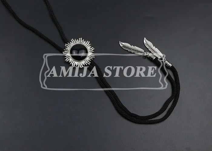 Vintage Bolo Tie Shirt Chain Cowboy Jazz Alloy Men Women Leather Rope Long Necklace Imitation Obsidian Sweater Chain Men Accesso