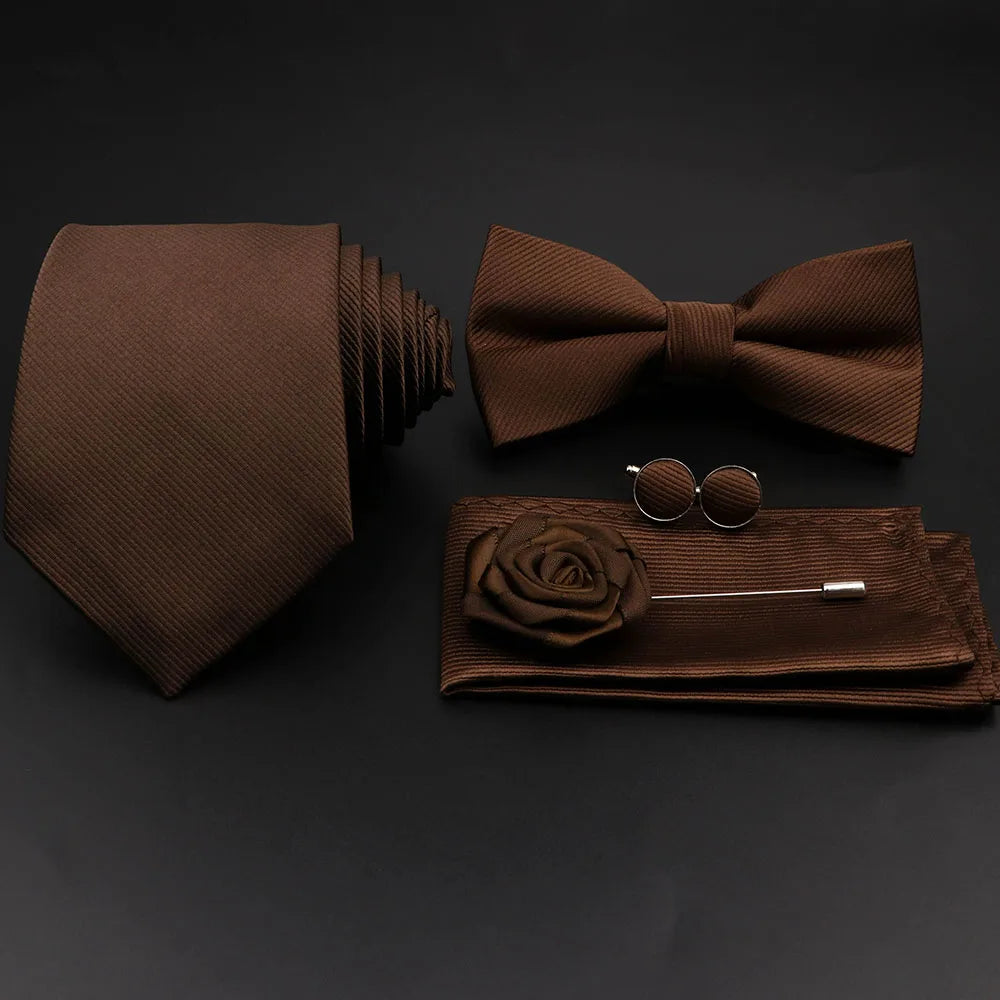 Hot Sale Red Blue Tie Set Polyester Slim Striped Necktie Bowtie Cufflink Brooch For Groom Suit Wedding Cravat Shirt Accessory