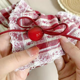Large intestine headbands cherry hair tie square side ponytail headband red checkered hair accessory for women