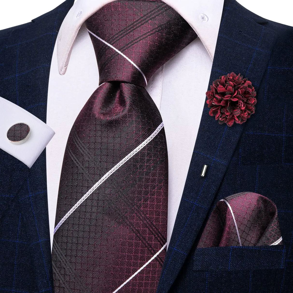 Cravate rose cachemire avec broche en soie, élégante cravate de mariage pour homme, bouton de manchette pratique, mode affaires fête, créateur de cravate haute