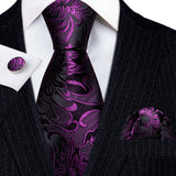 Barry.Wang Purple Silk Mens Tie Hanky Cufflinks Set Lilac Lavender Mauve Violet Jacquard Necktie For Male Wedding Business Party
