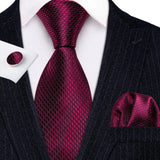 Barry.Wang Ensemble cravate et boutons de manchette en soie pour homme, motif jacquard, rouge, bordeaux, rose, pour mariage, affaires, fête