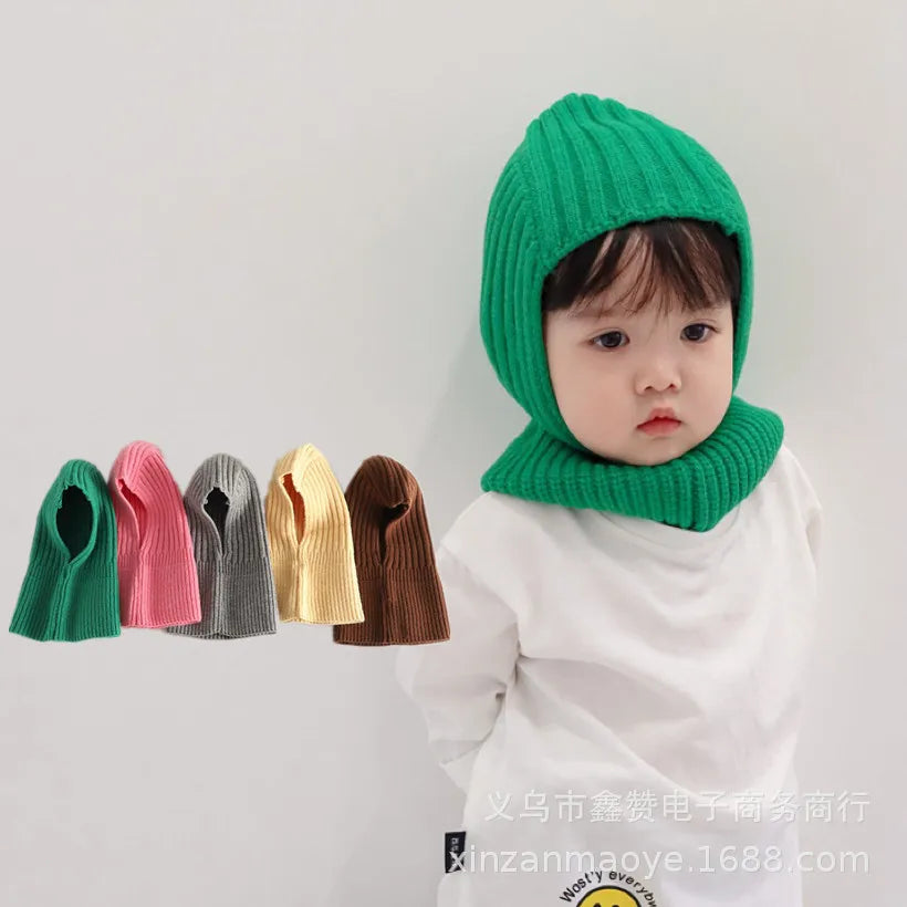 Fashion Children Soft Solid Colour Cap Scarf all-in-one Autumn Winter Thickened Knitted Ear Protection Cap Warm Hooded Warm
