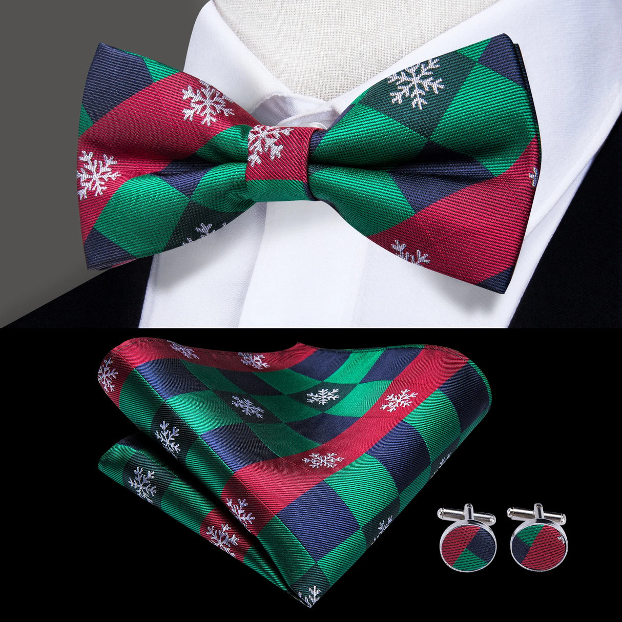Hi-Tie Nœuds papillon verts de Noël pour hommes Cravate papillon en soie Ensemble de boutons de manchette et mouchoirs pour fête de mariage Nœud papillon uni à carreaux cachemire