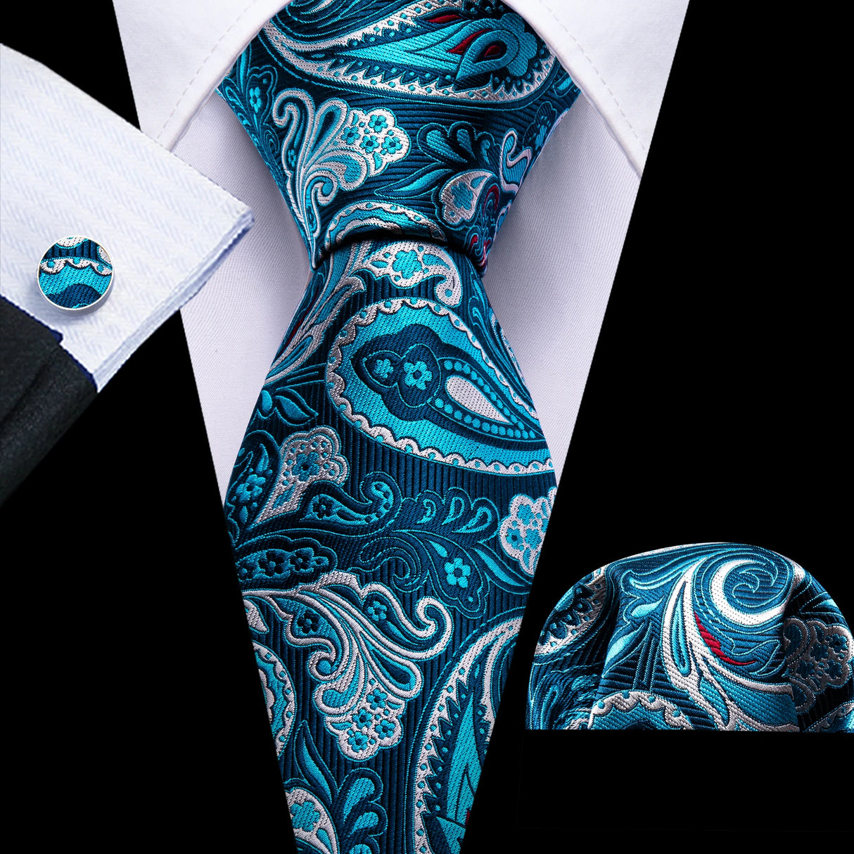 Cravate fantaisie en soie bleu sarcelle pour homme, marque de luxe solide, pochette, boutons de manchette, ensemble de cravates de haute qualité pour fête de mariage Barry.Wang