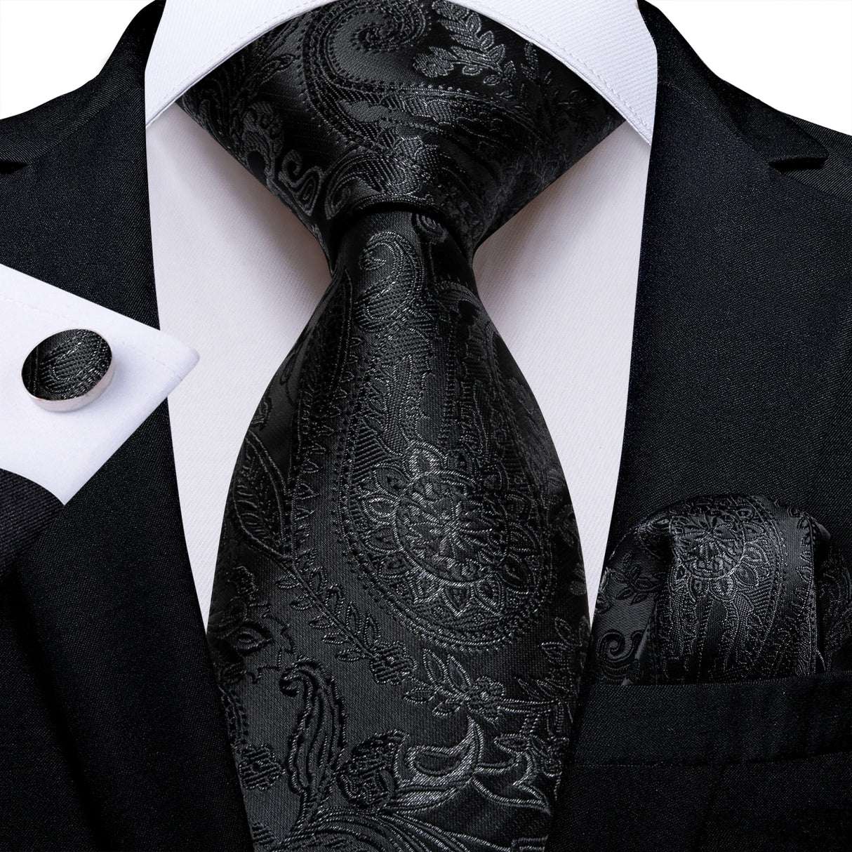 Cravate noire unie pour homme, 8 cm de large, en polyester, pour affaires, mariage, fête, pochette, boutons de manchette, cadeau pour mari