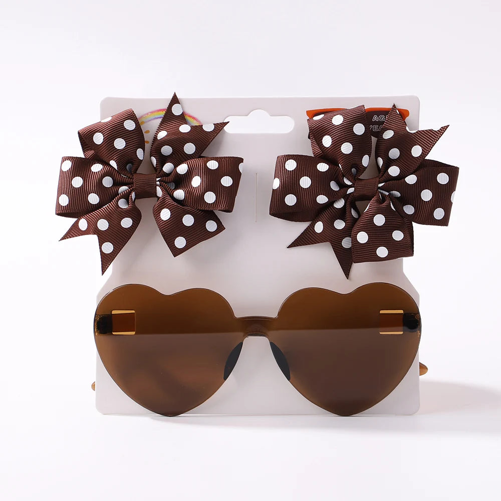3Pcs/set Cute Solid Kids Dot Hairpin Colorful Heart Sun Glasses Set Girls Boutique Bowknot Hair Clips Children Hair Accessories