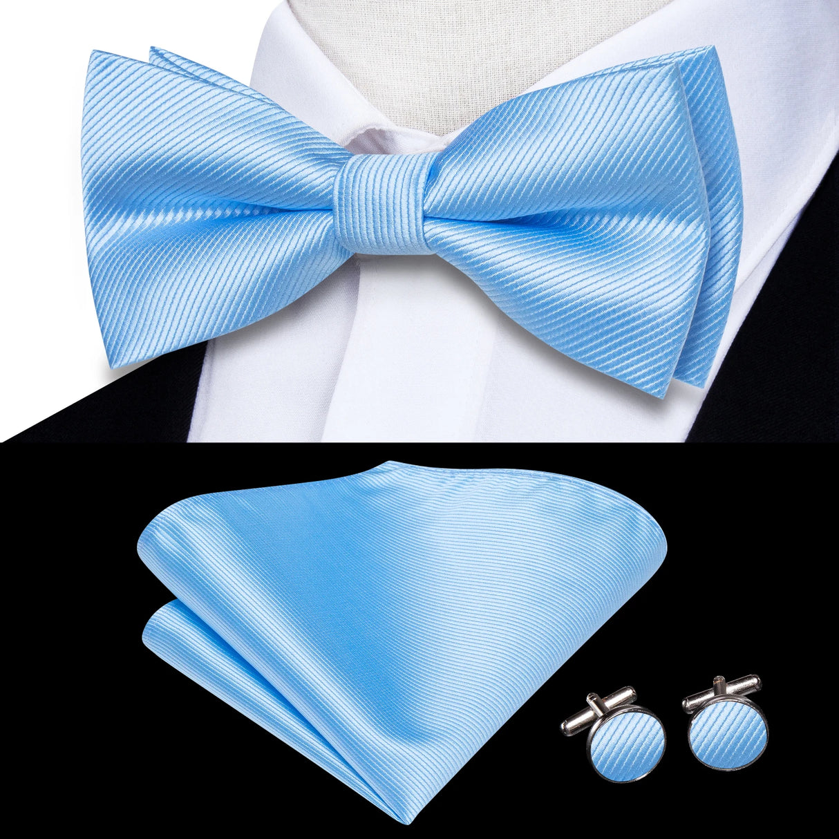 Hi-Tie Jacquard Silk Nœud papillon pour homme, ensemble de boutons de manchette et mouchoir, nœud papillon pré-noué, noir, blanc, gris, bleu, rouge, vert, rose, violet