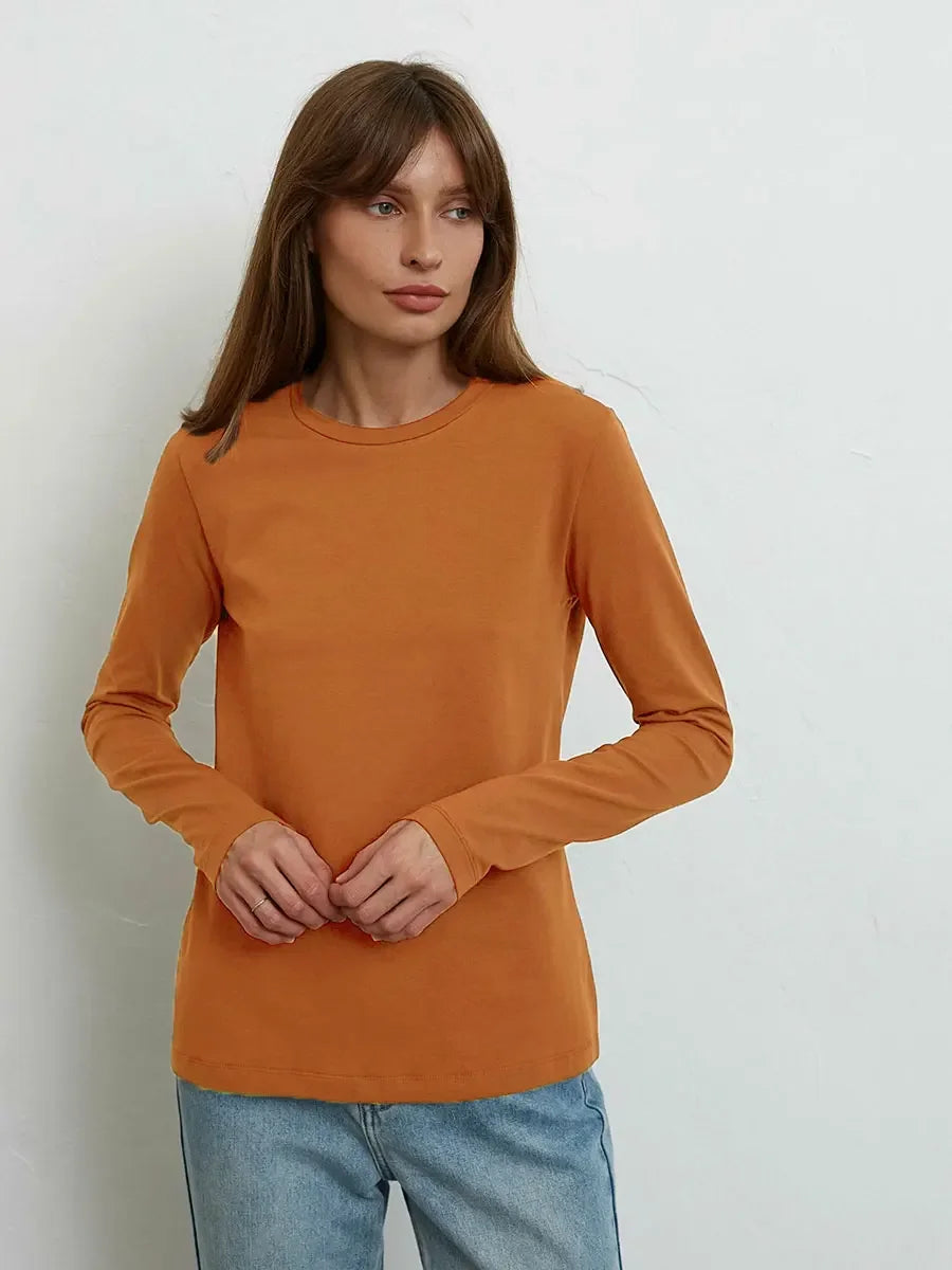 Bornladies Women's Spring Autumn 100% Cotton T-shirt Bottoming Basic Solid Lady Long Sleeve Loose Tops Shirts Oversized T Shirt