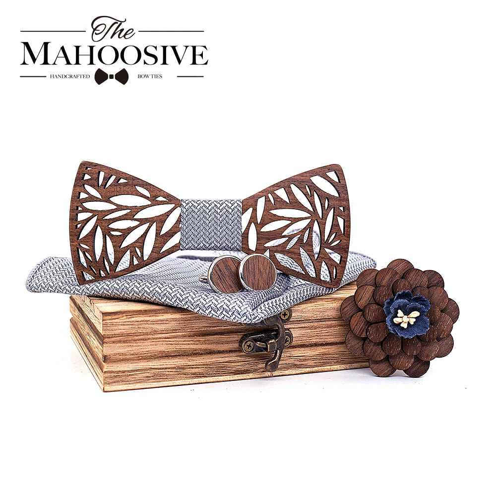 Ensemble de nœud papillon en bois et mouchoir pour homme, nœud papillon à carreaux, en bois creux sculpté, motif floral découpé et boîte, nouveauté tendance pour hommes