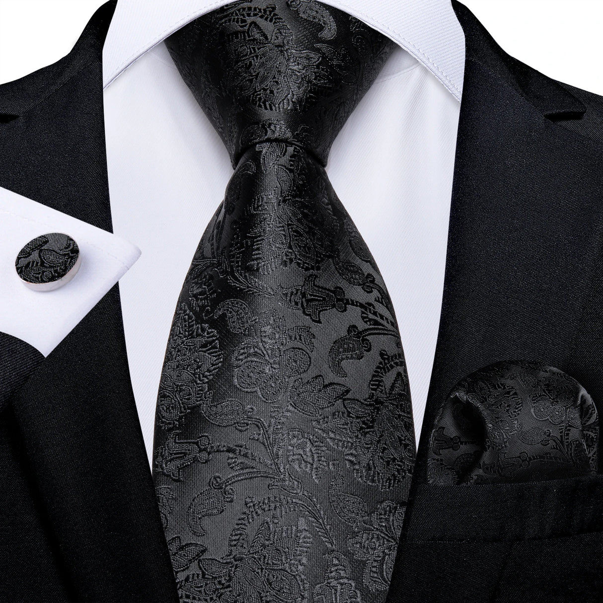 Cravate noire unie pour homme, 8 cm de large, en polyester, pour affaires, mariage, fête, pochette, boutons de manchette, cadeau pour mari