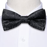 Hi-Tie Black White Silver Grey Brown Silk Mens Bow Tie Hankerchief Cufflinks Set Pre-tied Butterfly Knot Adjustable Bowtie Male
