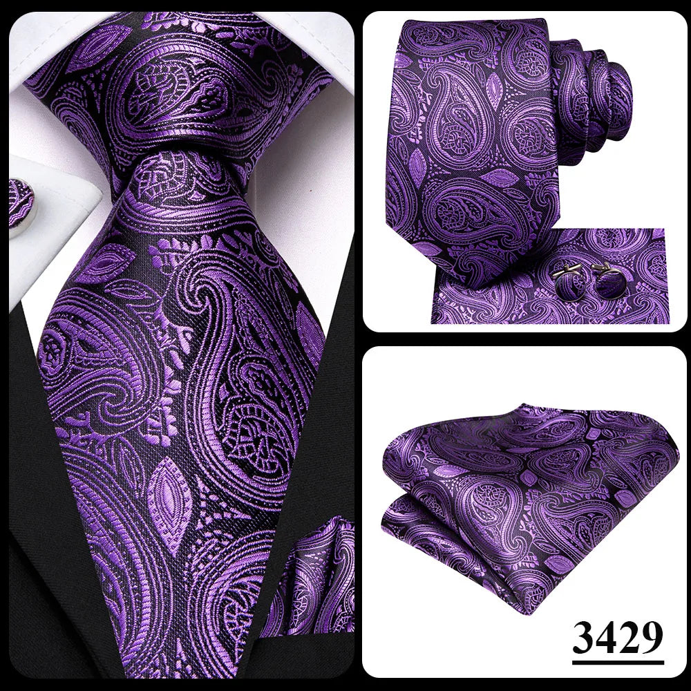 Hi-Tie – Cravate de mariage en soie violette unie à motif cachemire pour homme, ensemble de qualité avec boutons de manchette et mouchoir, cadeau tendance, livraison directe