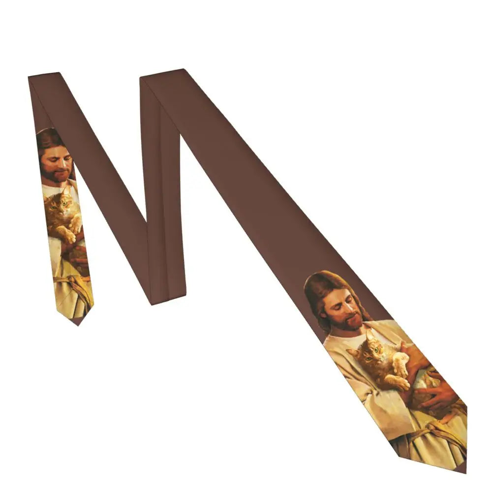 Cravate unisexe Christ et son chat en soie et polyester, 8 cm de large, motif Jésus, pour homme, accessoire de mariage ou de bureau