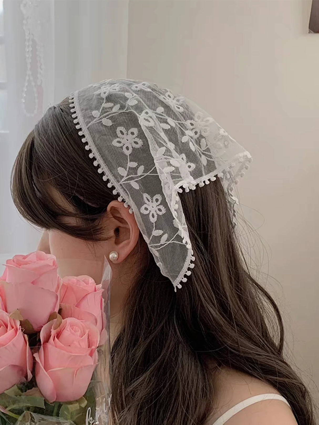 1 foulard triangulaire en dentelle rétro des années 1950, foulard brodé en dentelle, bandana floral au crochet pour femmes et filles