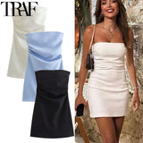TRAF Dress Women Off Shoulder Corset Short Dresses Ruched Backless Blue Black White Dress Woman Sexy Bodycon Party Dresses
