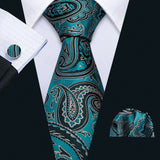 Cravate fantaisie en soie bleu sarcelle pour homme, marque de luxe solide, pochette, boutons de manchette, ensemble de cravates de haute qualité pour fête de mariage Barry.Wang