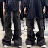 RO Style Ribbons Wide Leg Multi-Pockets Smoke Grey Baggy Jeans for Men Straight Pantalones Hombre Drawstring Denim Trousers
