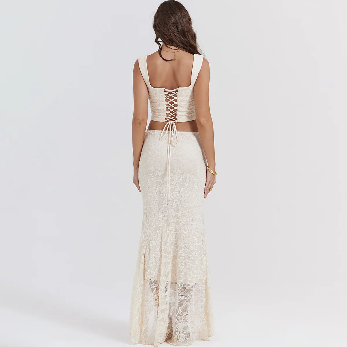 Suninheart Elegant Women 2 Piece Dress Set 2023 Maxi Wedding Guest Dress Lace Up Crop Top and Maxi Skirt Set Formal Event Dress