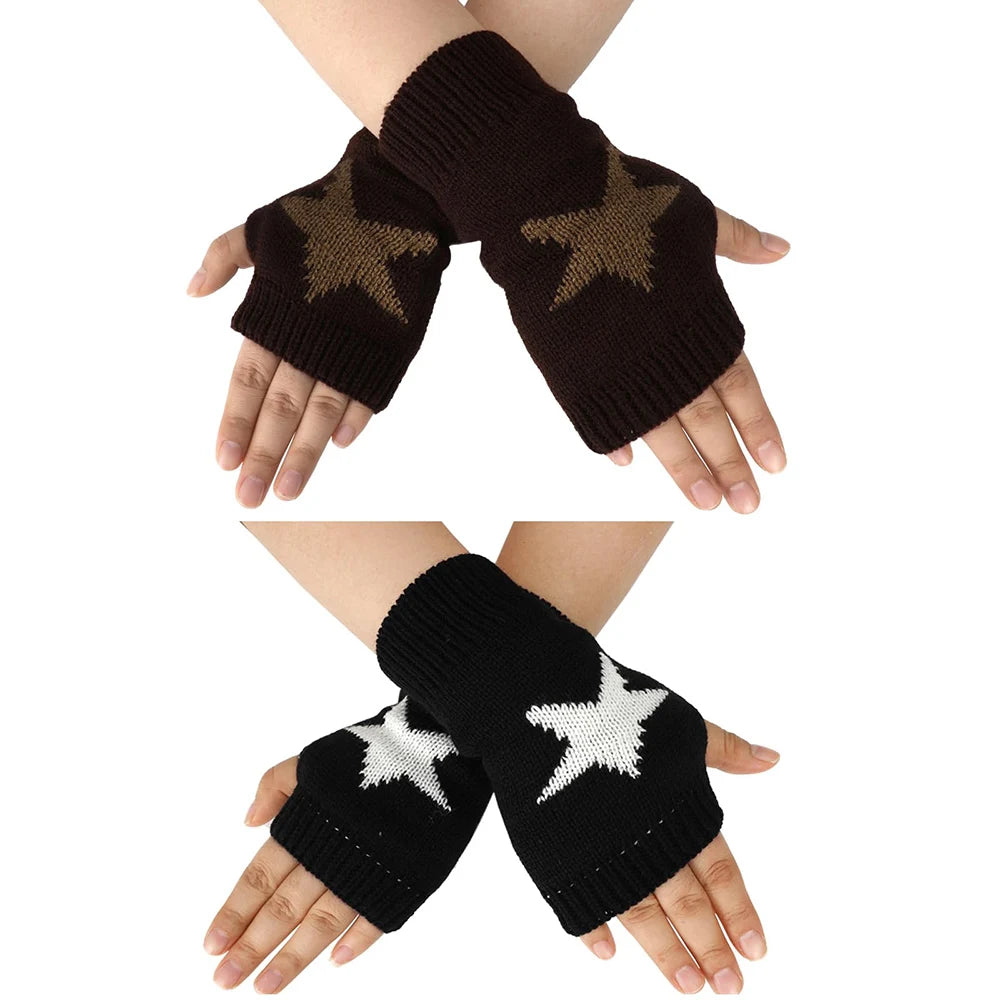 Gants d'hiver tricotés tendance Y2K pour femmes coréennes, mitaines chaudes en laine à demi-doigts, motif étoile pentagramme, mitaines chauffantes sans doigts