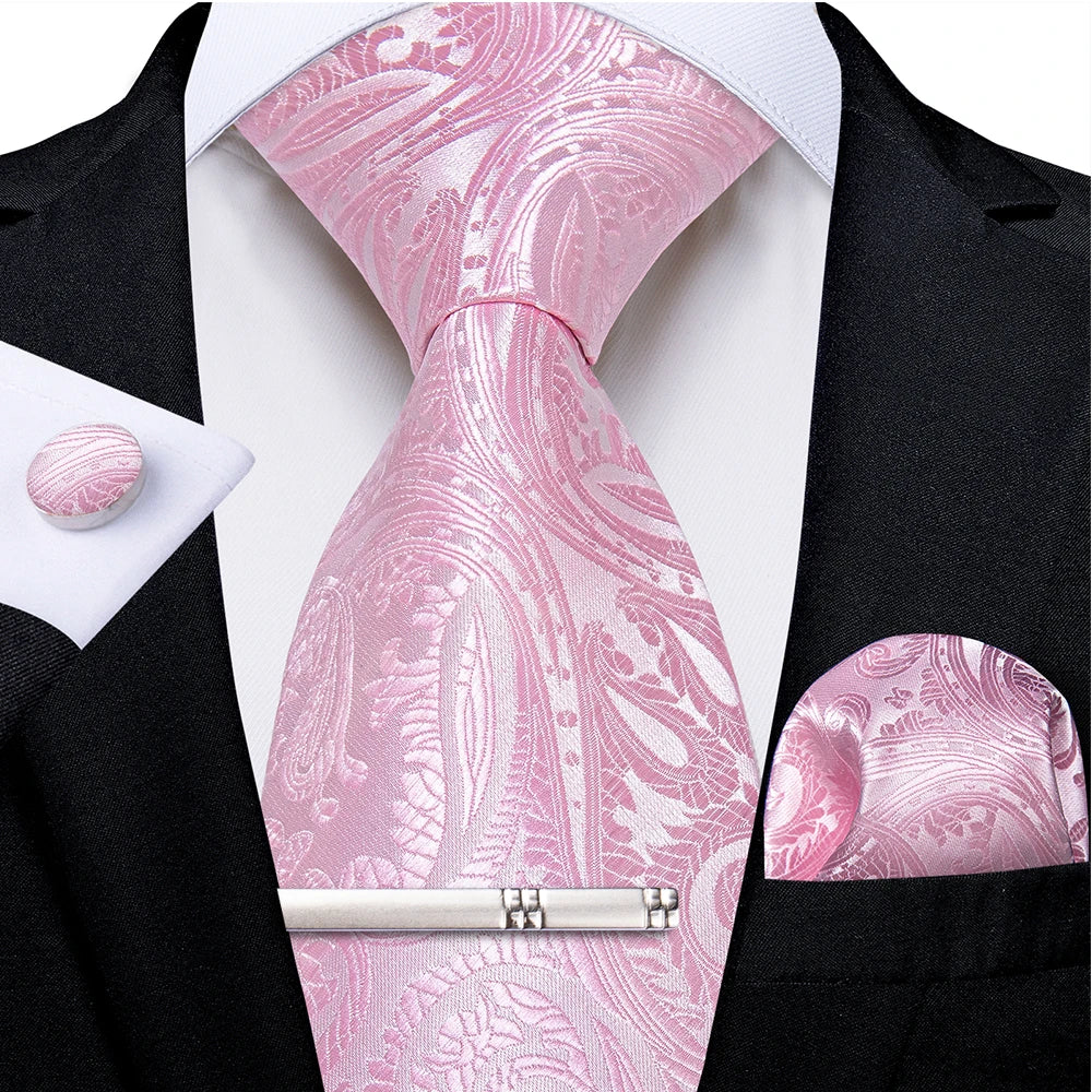 Ensemble cravate homme en soie à rayures roses, motif floral, motif cachemire uni, 8 cm, mouchoir, boutons de manchette, accessoires de mariage, de bal, cravate