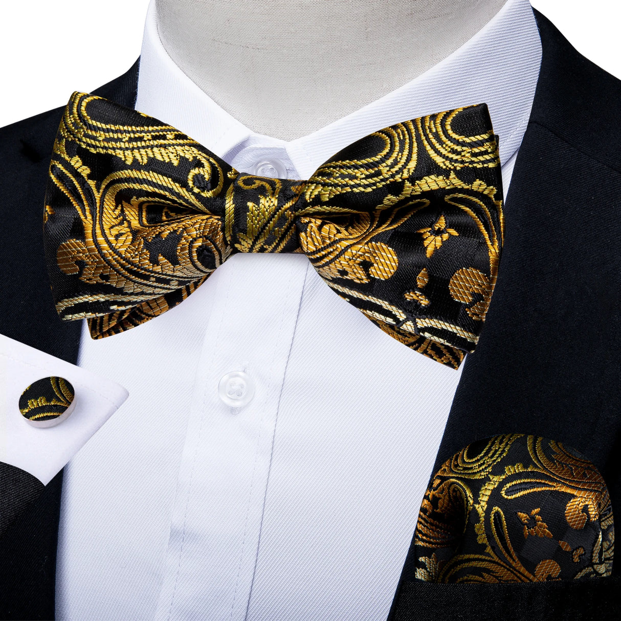 Classic Black Men Bow Ties 100% Silk Bowties Butterfly Pocket Square Cufflinks Set Suit Paisley Gold Pre-Tied Bow Tie DiBanGu