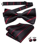 Hi-Tie Nœud papillon rayé noir et rouge pour homme, mouchoir, boutons de manchette, en soie pré-nouée, pour soirée d'affaires masculine, vente en gros
