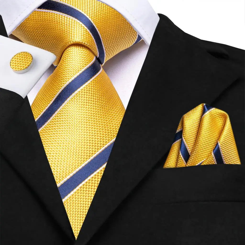 Cravates de luxe à rayures jaunes et bleues pour hommes, nouvelle marque tendance 2022, ensemble de cravates pour fête de mariage, mouchoir, boutons de manchette, cadeau en gros