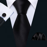Cravates en soie noire pour hommes, classiques, solides, tissées de haute qualité, avec pochette et boutons de manchette, pour soirées formelles, design Barry.Wang