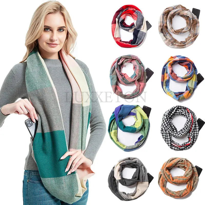 Écharpe à carreaux en cachemire pour femme, écharpe chaude d'hiver avec poche zippée dissimulée, écharpe de voyage chaude pour le cou pour femme