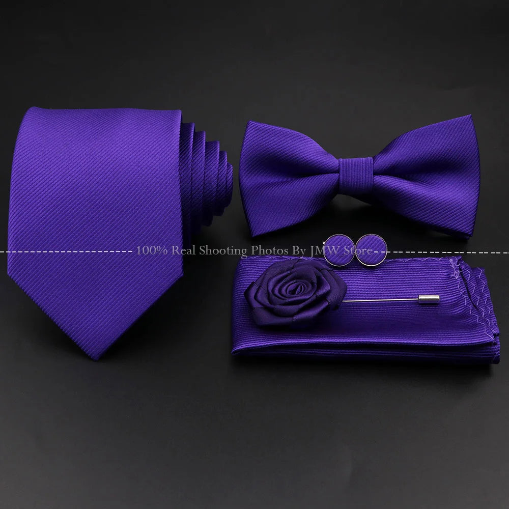 Hot Sale Red Blue Tie Set Polyester Slim Striped Necktie Bowtie Cufflink Brooch For Groom Suit Wedding Cravat Shirt Accessory