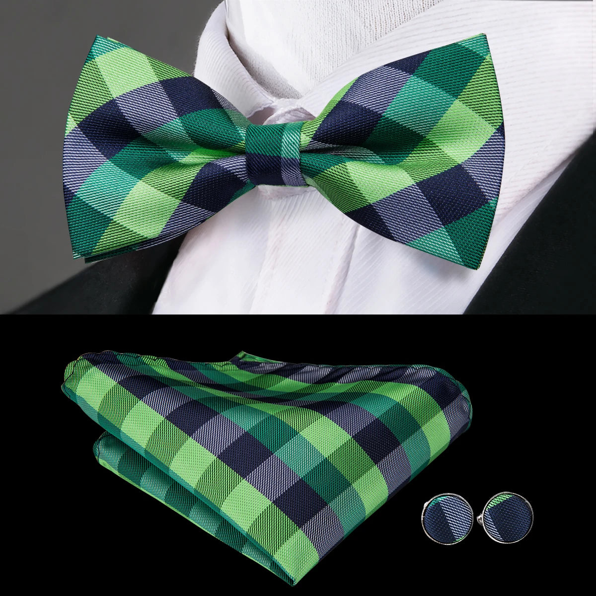 Hi-Tie Nœuds papillon verts de Noël pour hommes Cravate papillon en soie Ensemble de boutons de manchette et mouchoirs pour fête de mariage Nœud papillon uni à carreaux cachemire