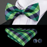 Hi-Tie Nœuds papillon verts de Noël pour hommes Cravate papillon en soie Ensemble de boutons de manchette et mouchoirs pour fête de mariage Nœud papillon uni à carreaux cachemire