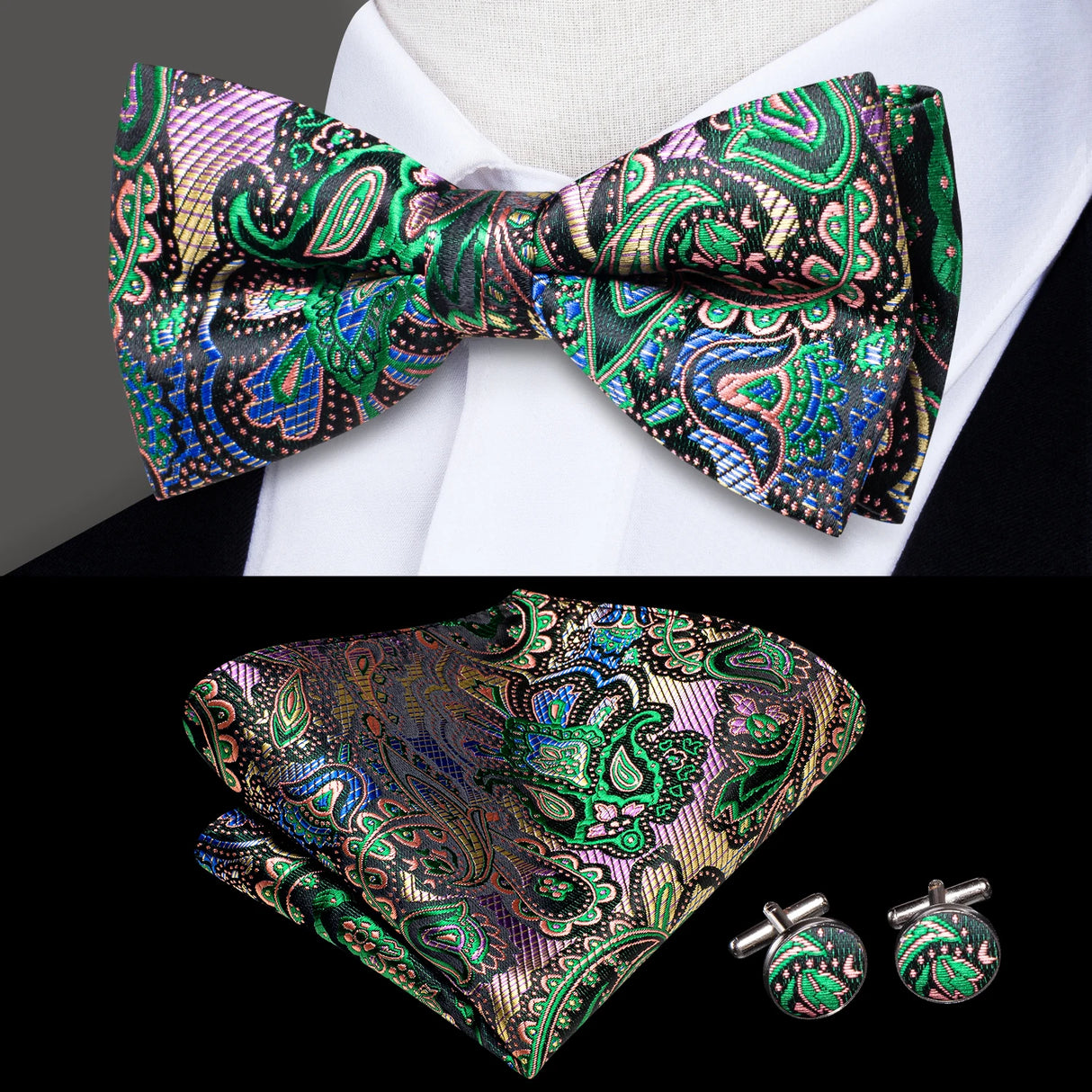 Hi-Tie Marque Soie Pré-noué Homme Nœud Papillon Mouchoir Boutons de Manchette Ensemble Nœud Papillon pour Homme Jacquard Solide Cachemire Floral Mariage Cadeau d'Affaires