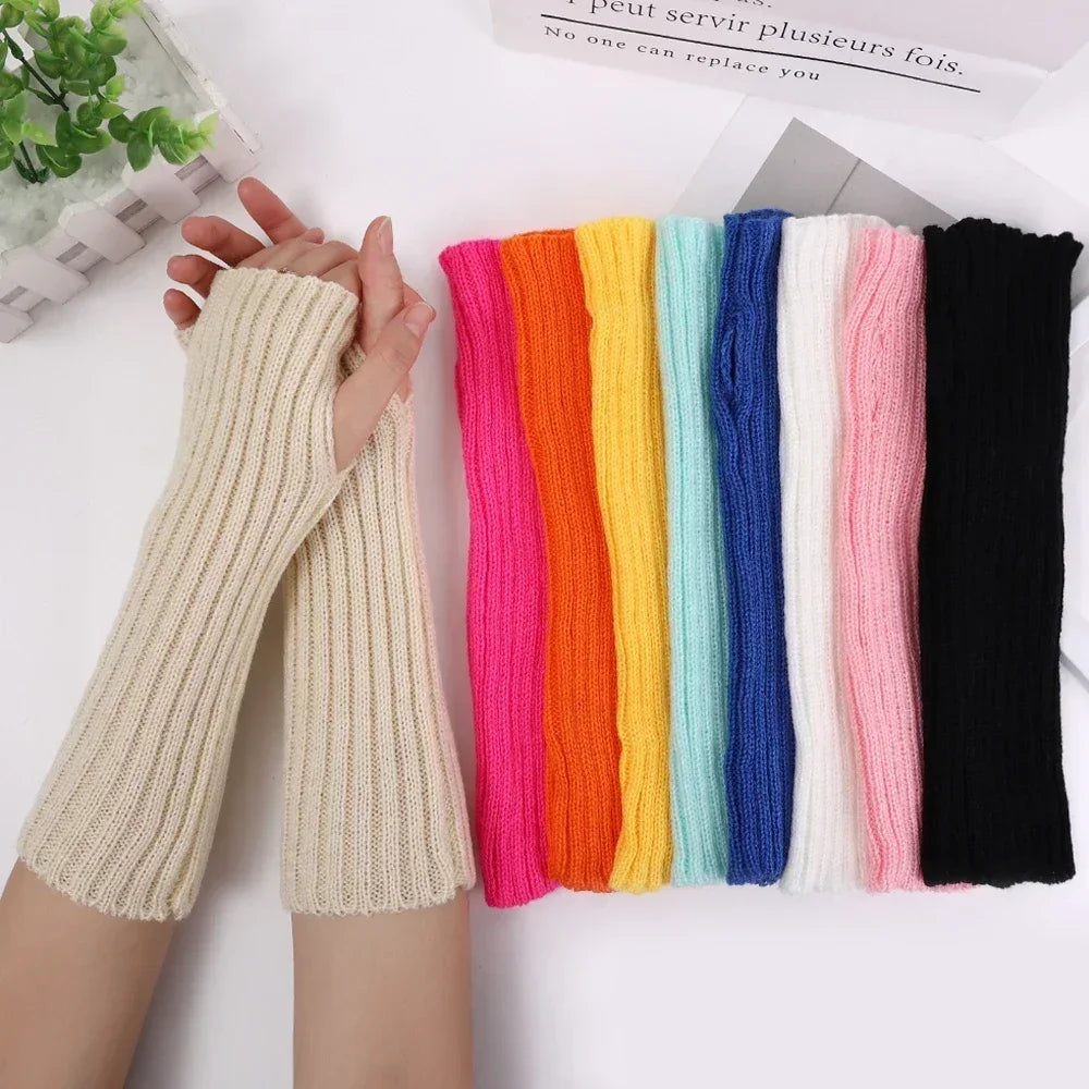 Gants longs sans doigts pour femmes, mitaines d'hiver, chauffe-bras tricotés, manches tendance, décontractés, doux, vêtements pour filles, gants punk gothiques