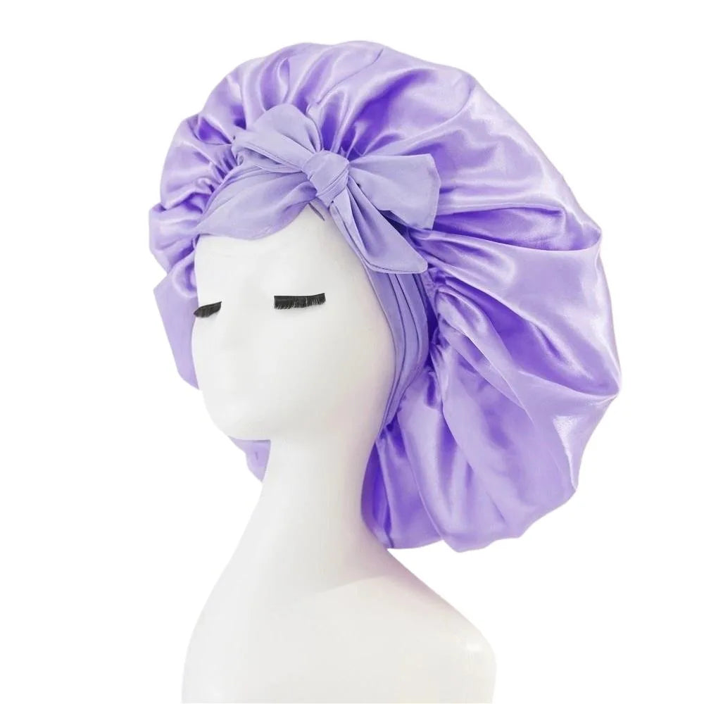 Bonnet de nuit en satin pour femme, large bande solide, extensible, avec nœud, bonnet soyeux, bonnet de nuit, soins capillaires, couvre-tête de douche