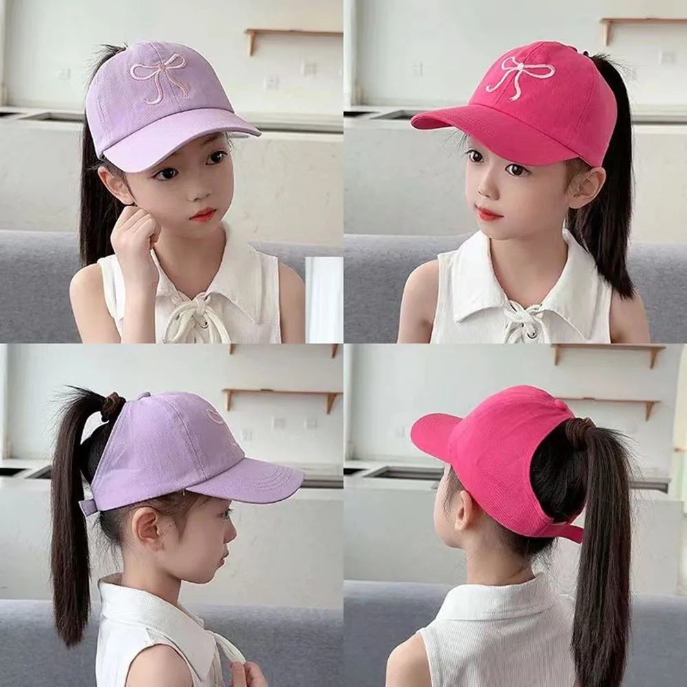 Casquette de baseball rose et blanc pour bébé fille, chapeau de soleil à queue de cheval haute, réglable, pour voyage et extérieur, nouveauté