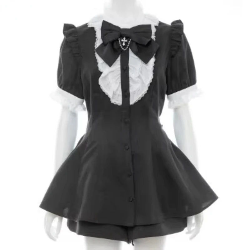 Robe style gothique japonais Y2K Lolita à carreaux avec nœud en strass et short, ensemble doux pour femmes, chemise à manches courtes bouffantes et boutons, robes de soirée