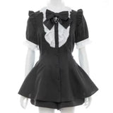 Robe style gothique japonais Y2K Lolita à carreaux avec nœud en strass et short, ensemble doux pour femmes, chemise à manches courtes bouffantes et boutons, robes de soirée