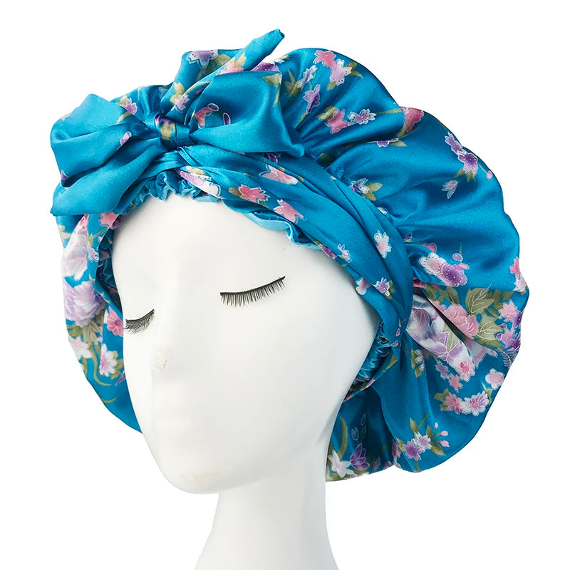Bonnet en satin doux et soyeux pour femme, grand bonnet de nuit avec long ruban de satin, bandeau large et réglable