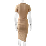 Sexy Side Slit Short Sleeve Wrap Buttocks  Round Neck Dress 2024 Summer Drawstring Tie Up Women's Clothing