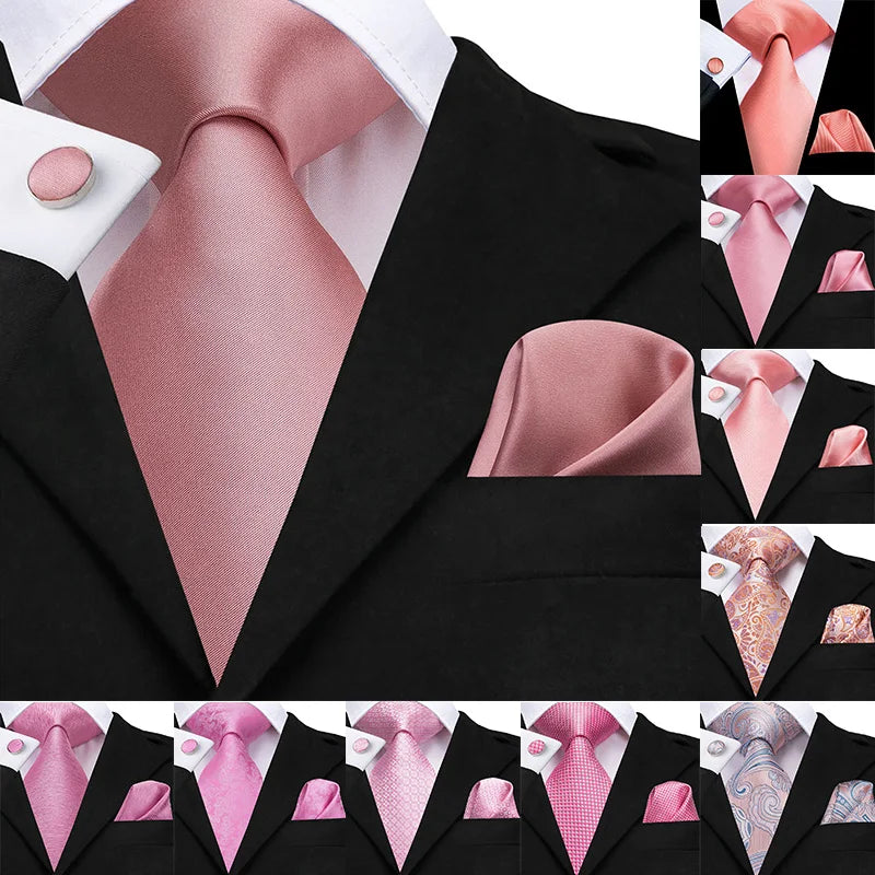 Hi-Tie 100% soie classique pour homme, cravate de mariage corail rose rouge pêche, pochette carrée, boutons de manchette, ensemble de cravates roses pour hommes, cravates cachemire unies