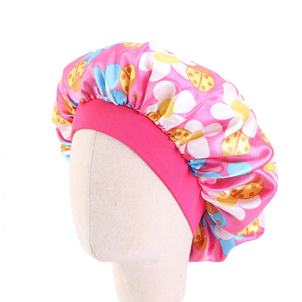 Bonnet de nuit pour enfants et filles, imprimé floral, bonnet de nuit en satin, turban, bonnet de nuit pour enfants, bonnet de soins capillaires, bonnet de nuit